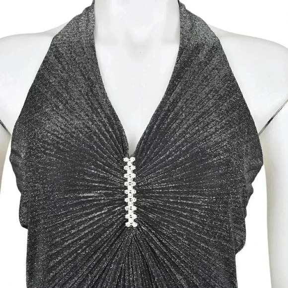 Vintage Kiki Halter Pleated Maxi Dress Metallic Silver Black Mobwife Size Medium - Picture 2 of 16